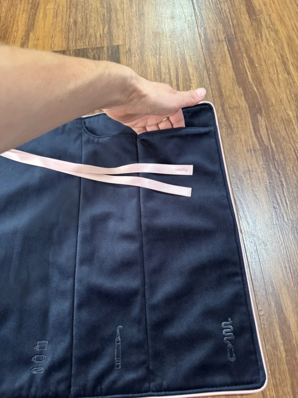 Dyson Velvet Folding Makeup Bag, Travel bag Black/Pink Trim, Pockets 16x12x1 in